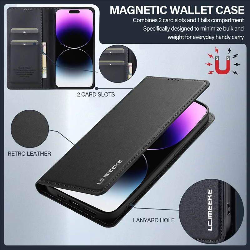LC.IMEEKE L1 Series for iPhone 15 Pro Case PU Leather Wallet Stand Protective Phone Cover - Black