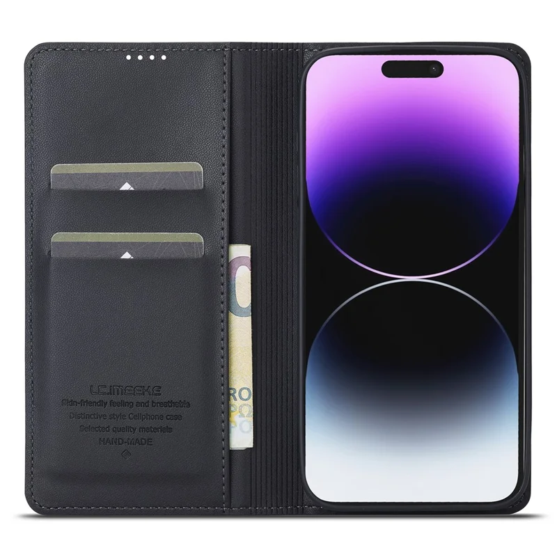 LC.IMEEKE L1 Series for iPhone 15 Pro Case PU Leather Wallet Stand Protective Phone Cover - Black
