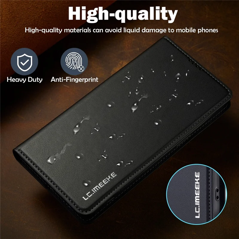 LC.IMEEKE L1 Series for iPhone 15 Pro Case PU Leather Wallet Stand Protective Phone Cover - Black