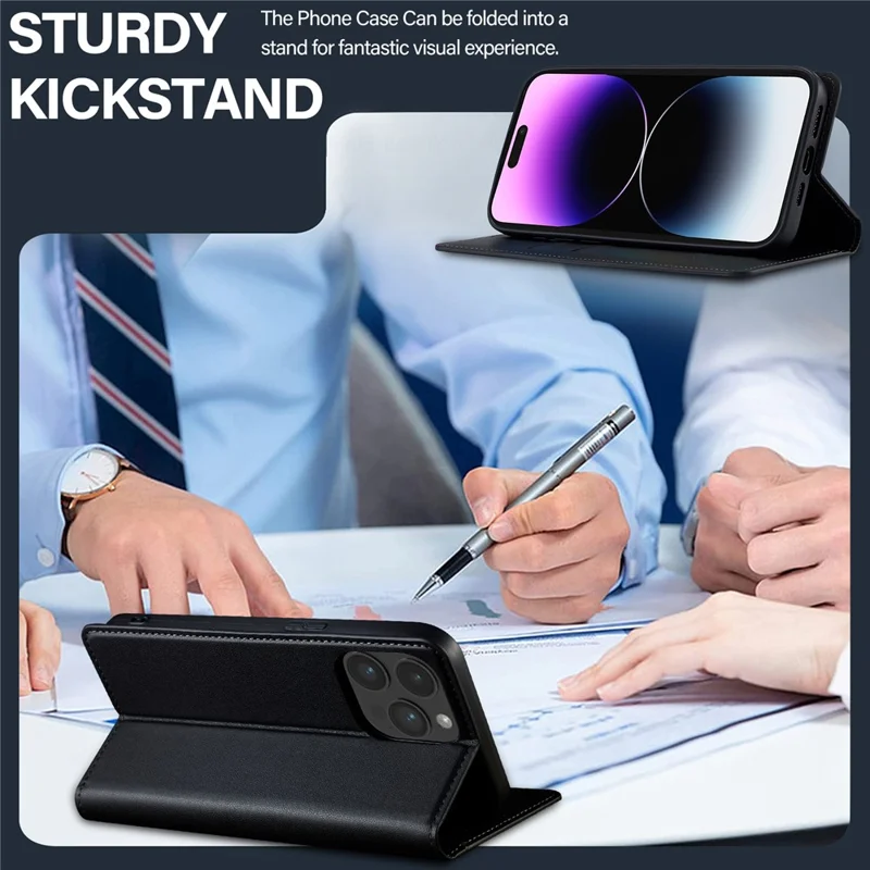 LC.IMEEKE L1 Series for iPhone 15 Pro Case PU Leather Wallet Stand Protective Phone Cover - Black