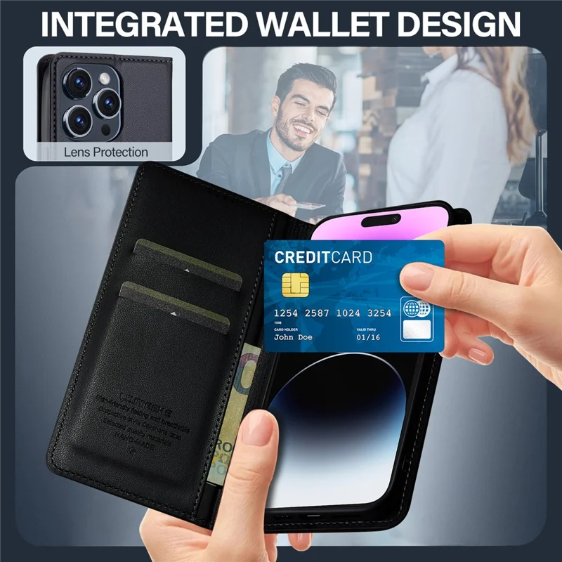 LC.IMEEKE L1 Series for iPhone 15 Pro Case PU Leather Wallet Stand Protective Phone Cover - Black