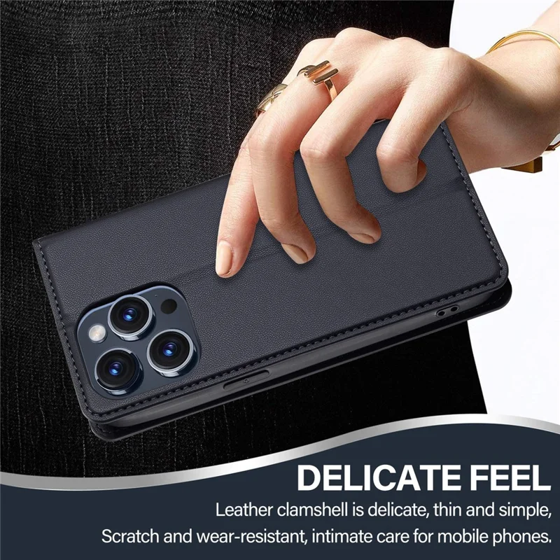 LC.IMEEKE L1 Series for iPhone 15 Pro Case PU Leather Wallet Stand Protective Phone Cover - Black