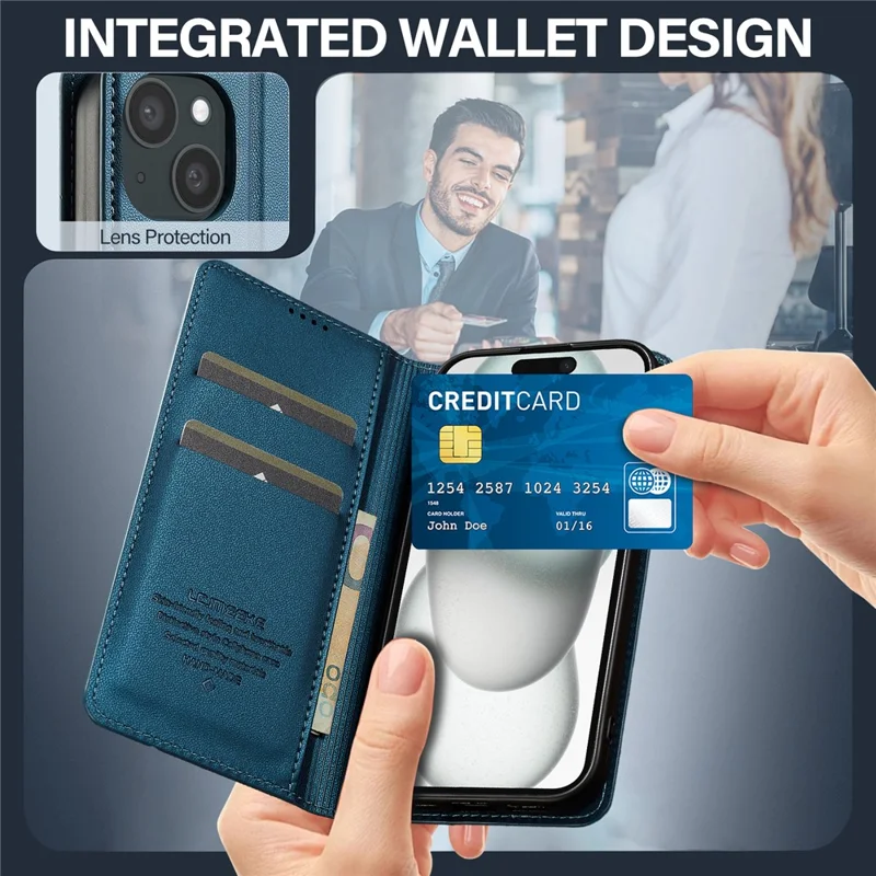 Lc. Serie Imeeke L1 Para Iphone 15 Case PU Leather Willet Soport Protective Phone Cover - Azul
