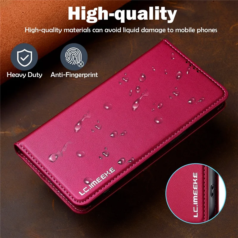 LC.IMEEKE L1 Series for iPhone 14 / 13 Case PU Leather Wallet Stand Protective Phone Cover - Red