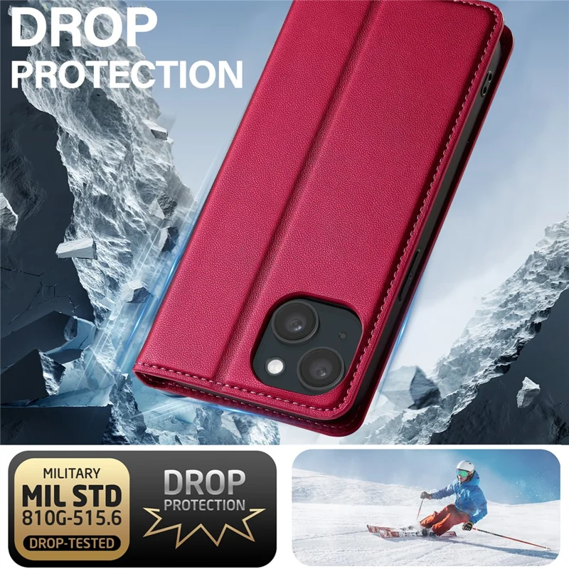 LC.IMEEKE L1 Series for iPhone 14 / 13 Case PU Leather Wallet Stand Protective Phone Cover - Red