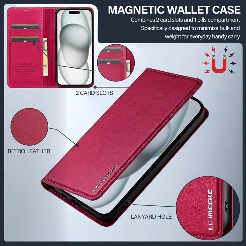 LC.IMEEKE L1 Series for iPhone 14 / 13 Case PU Leather Wallet Stand Protective Phone Cover - Red