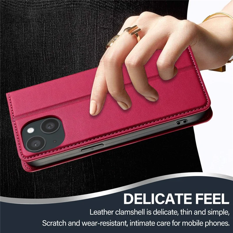 LC.IMEEKE L1 Series for iPhone 14 / 13 Case PU Leather Wallet Stand Protective Phone Cover - Red