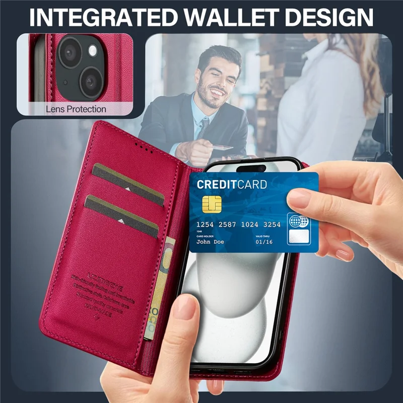LC.IMEEKE L1 Series for iPhone 14 / 13 Case PU Leather Wallet Stand Protective Phone Cover - Red