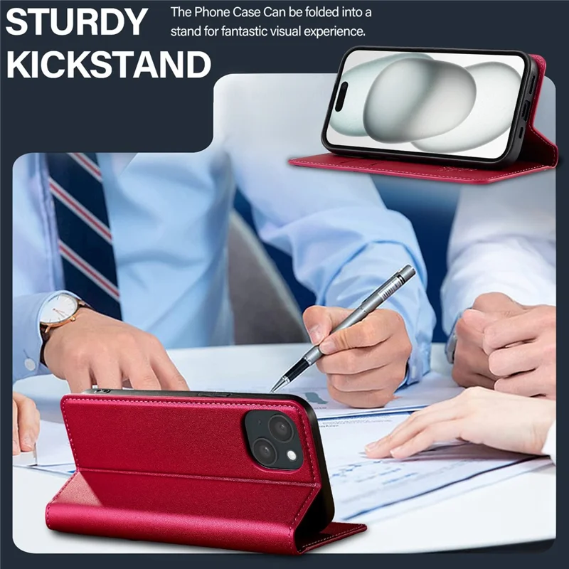 LC.IMEEKE L1 Series for iPhone 14 / 13 Case PU Leather Wallet Stand Protective Phone Cover - Red