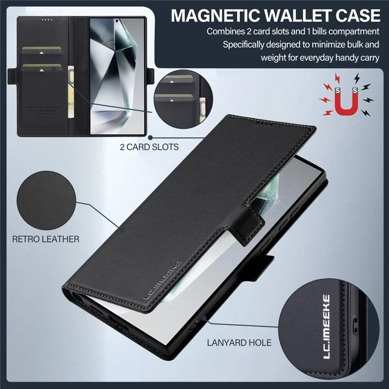 Lc. Serie Imeeke L1 Para Samsung Galaxy S23 Ultra Case PU Cuero de Cuero Soport - Negro