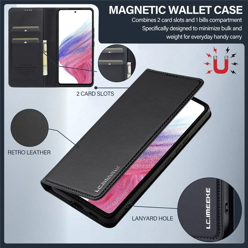 LC.IMEEKE L1 Serie für Samsung Galaxy A52s 5G / A52 5G / 4G Hülle Lederbrieftasche mit Ständer Telefonabdeckung - Schwarz