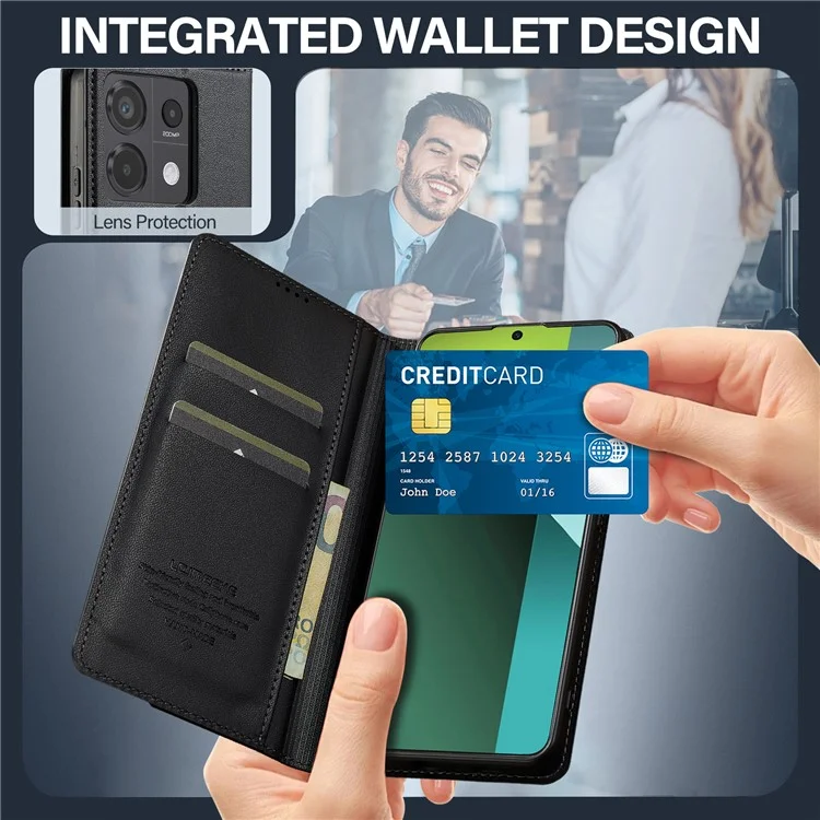 Lc. Serie Imeeke L1 Para Xiaomi Redmi Note 13 4G Case PU Cuero Willet Stand Protectivo Teléfono - Negro