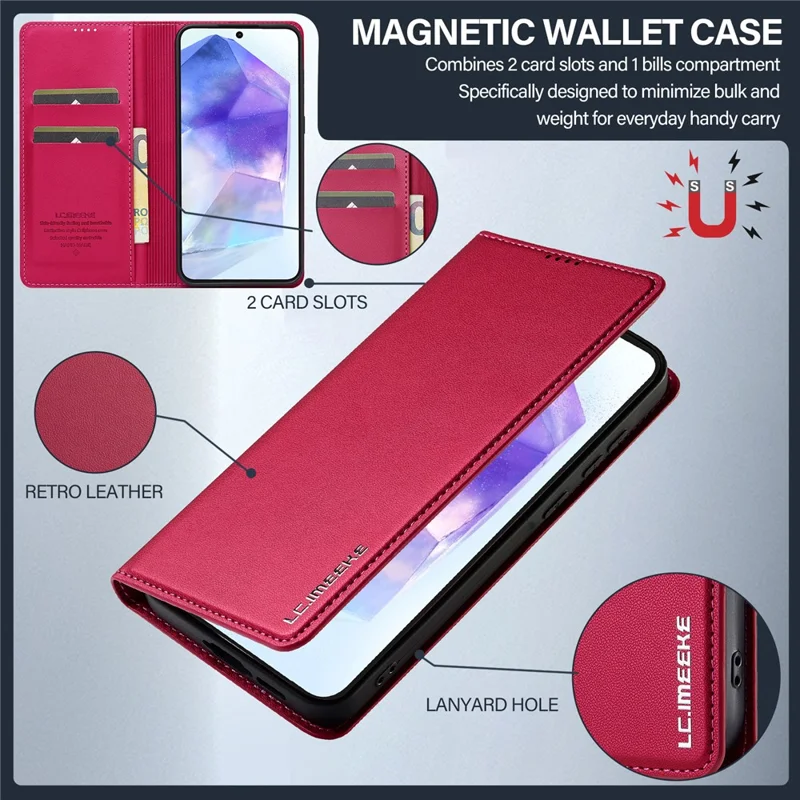 LC.IMEEKE L1 Series for Samsung Galaxy A55 5G Case PU Leather Wallet Stand Protective Phone Cover - Red