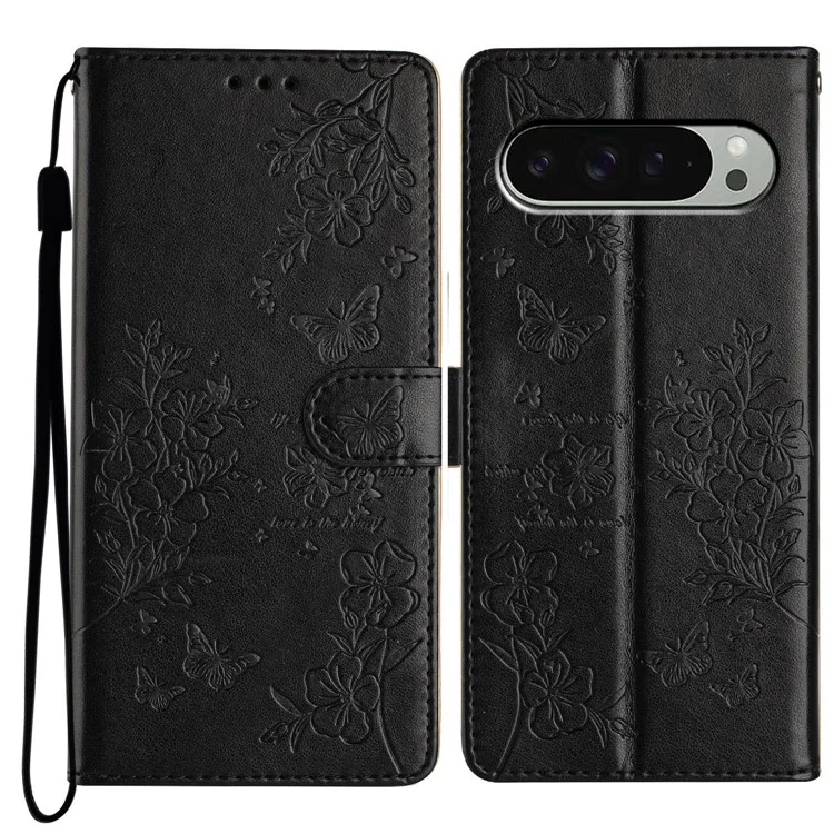 Für Google Pixel 9 Pro XL Wallet Phone Case Butterfly Floral Imprint Leather Flip Cover - Schwarz