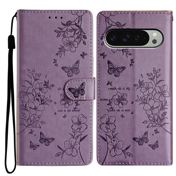 For Google Pixel 9 Pro  /  Pixel 9 Wallet Phone Case Butterfly Floral Imprint Leather Flip Cover - Purple