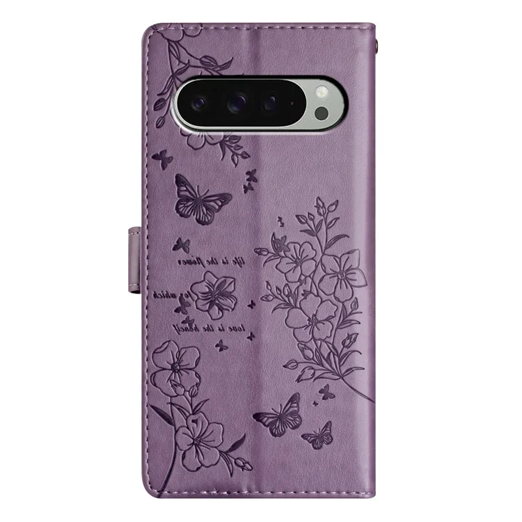 For Google Pixel 9 Pro  /  Pixel 9 Wallet Phone Case Butterfly Floral Imprint Leather Flip Cover - Purple