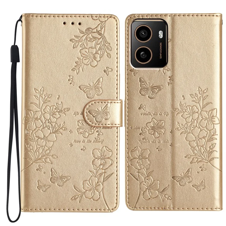 For HMD Pulse+ Wallet Phone Case Butterfly Floral Imprint Leather Flip Cover - Gold