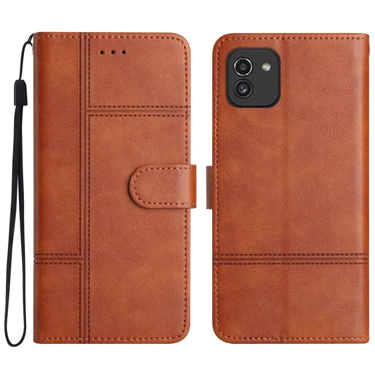 For Samsung Galaxy A03 (164.2 x 75.9 x 9.1mm) Cowhide Texture Business Style PU Leather Cover Sewing Line Decor Wallet Stand Phone Shockproof Case - Brown