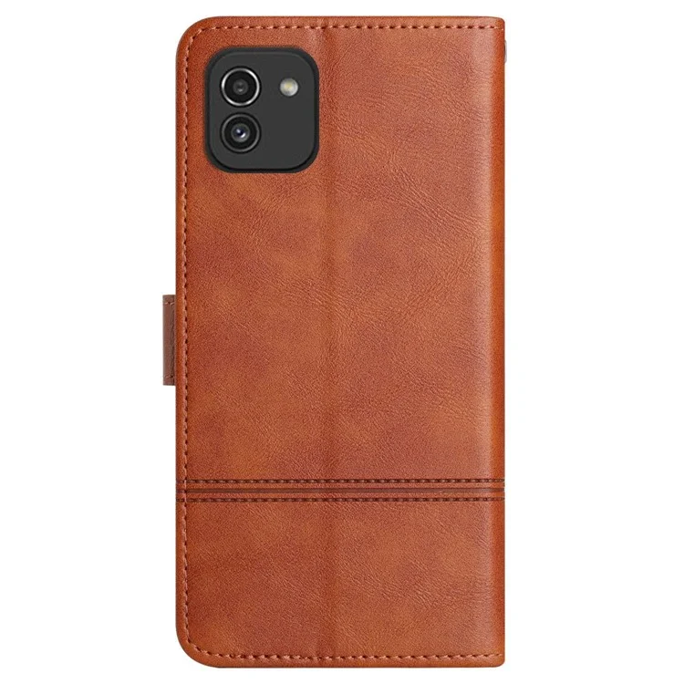 For Samsung Galaxy A03 (164.2 x 75.9 x 9.1mm) Cowhide Texture Business Style PU Leather Cover Sewing Line Decor Wallet Stand Phone Shockproof Case - Brown