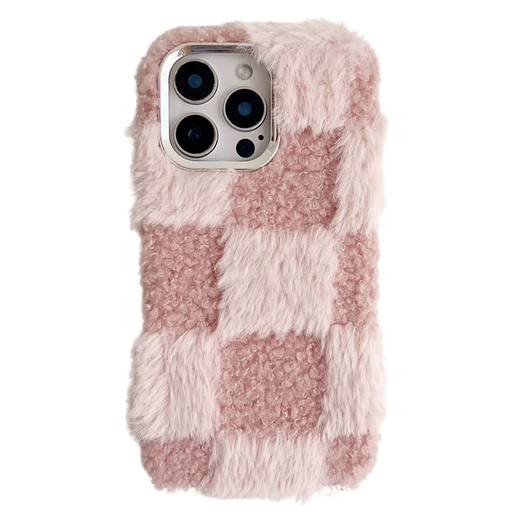 Per iPhone 16 Pro Max Custodia Case Plush Fluffy Splicing Checkered Pattern TPU Phone Cover - Pink