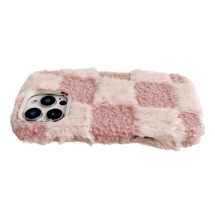 Per iPhone 16 Pro Max Custodia Case Plush Fluffy Splicing Checkered Pattern TPU Phone Cover - Pink