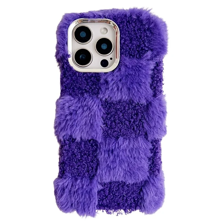 For iPhone 16 Pro Max Case Plush Fluffy Splicing Checkered Pattern TPU Phone Cover - Blue