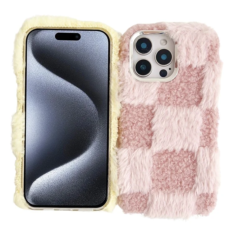 For iPhone 16 Pro Max Case Plush Fluffy Splicing Checkered Pattern TPU Phone Cover - Blue