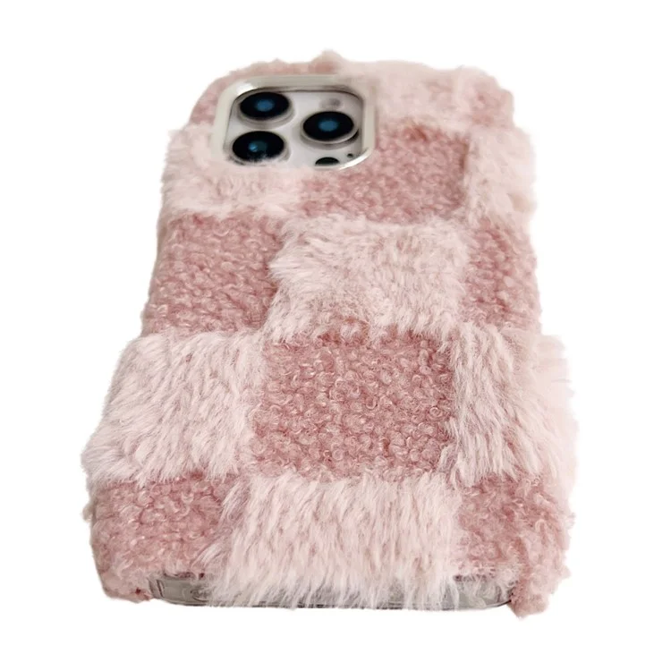 For iPhone 16 Pro Max Case Plush Fluffy Splicing Checkered Pattern TPU Phone Cover - Blue