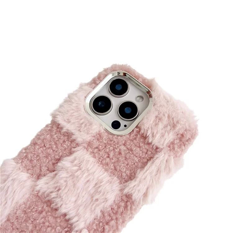For iPhone 16 Pro Max Case Plush Fluffy Splicing Checkered Pattern TPU Phone Cover - Blue