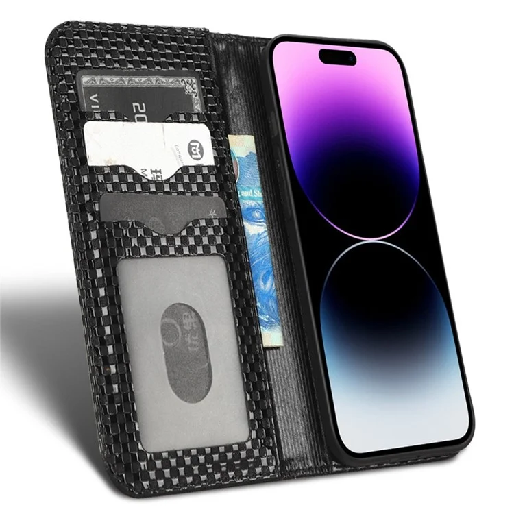 Для Iphone 14 Pro Wallet Chase Case Magnetic Закрытие Защитной Крышки Сетки Текстура PU - Черный