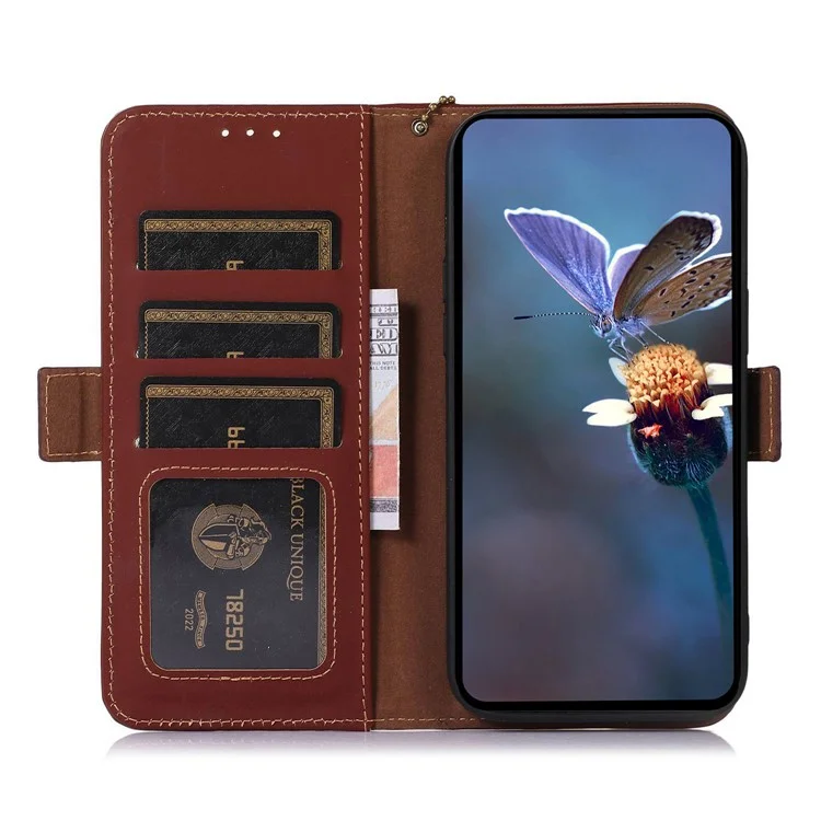 Für Samsung Galaxy A16 5G / A16 4G Wallet Case Anti-Drop Genuine Cow Leather Phone Cover RFID Blocking - Coffee