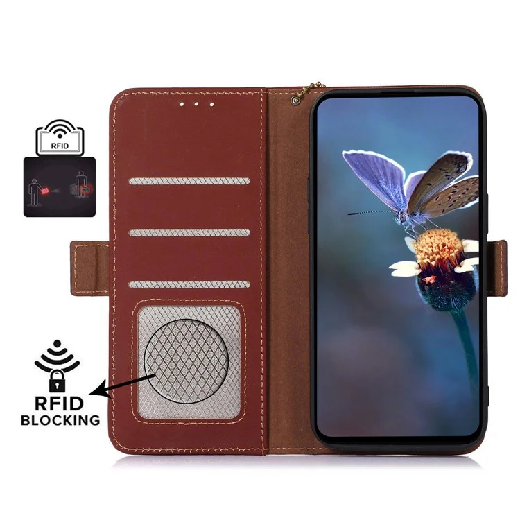 Für Samsung Galaxy A16 5G / A16 4G Wallet Case Anti-Drop Genuine Cow Leather Phone Cover RFID Blocking - Coffee