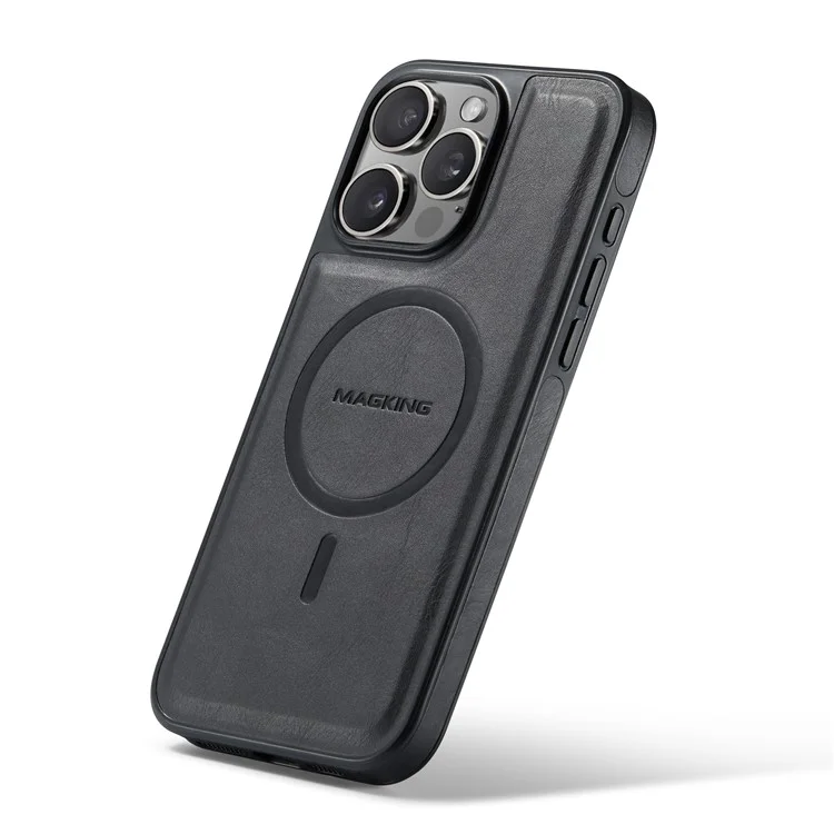 Maging K1 Series Pour Iphone 15 Pro Magnetic Case pc + Tpu + pu Couverture de Téléphone de Thoch Thopher - Noir