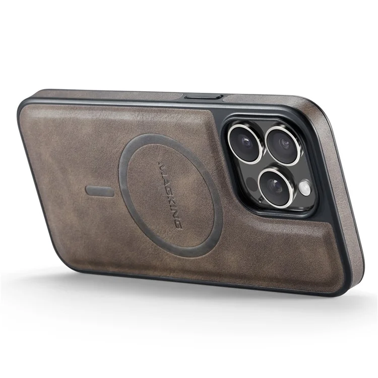 Serie Magking K1 Para Iphone 15 Pro Max Magnetic Case PC+TPU+PU Cubierta de Teléfono a Prueba de Choque de Cuero - Café