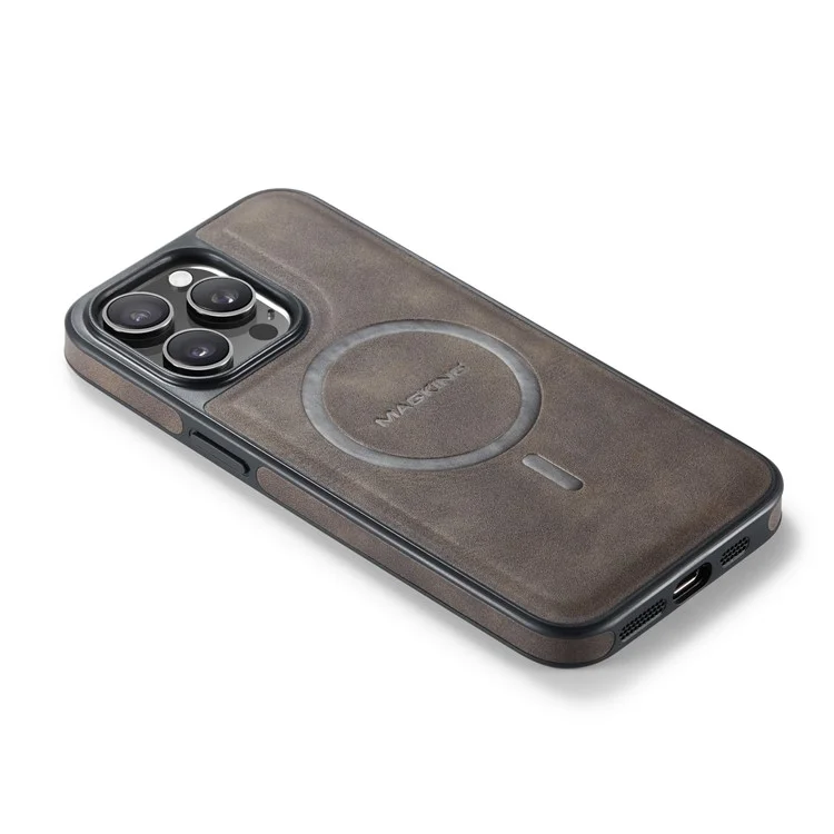 Serie Magking K1 Para Iphone 15 Pro Max Magnetic Case PC+TPU+PU Cubierta de Teléfono a Prueba de Choque de Cuero - Café