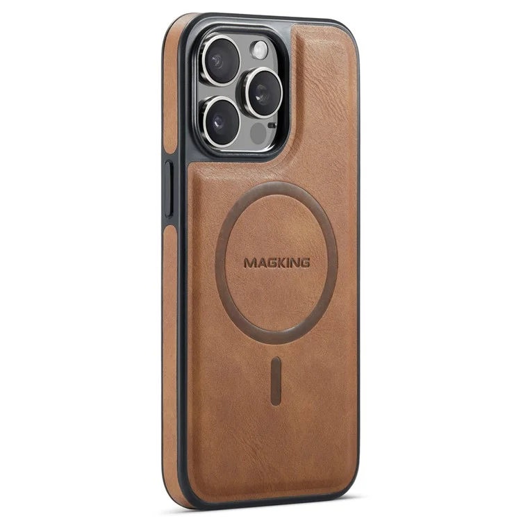 Serie Magking K1 Para Iphone 14 Pro Max Magnetic Case PC+TPU+PU Cubierta de Teléfono a Prueba de Choque de Cuero - Marrón