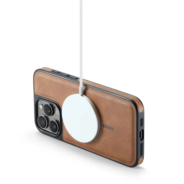 Serie Magking K1 Para Iphone 14 Pro Max Magnetic Case PC+TPU+PU Cubierta de Teléfono a Prueba de Choque de Cuero - Marrón