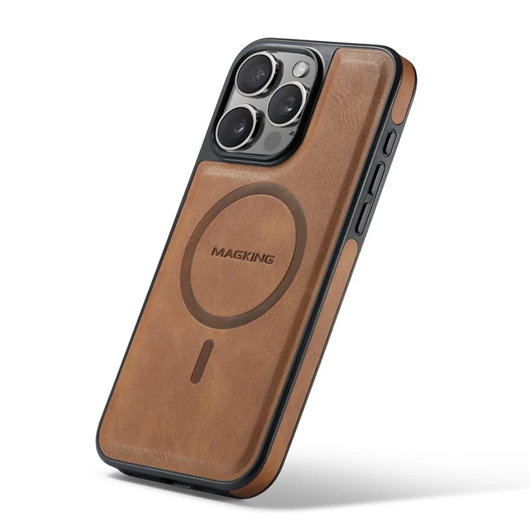 Serie Magking K1 Para Iphone 14 Pro Max Magnetic Case PC+TPU+PU Cubierta de Teléfono a Prueba de Choque de Cuero - Marrón