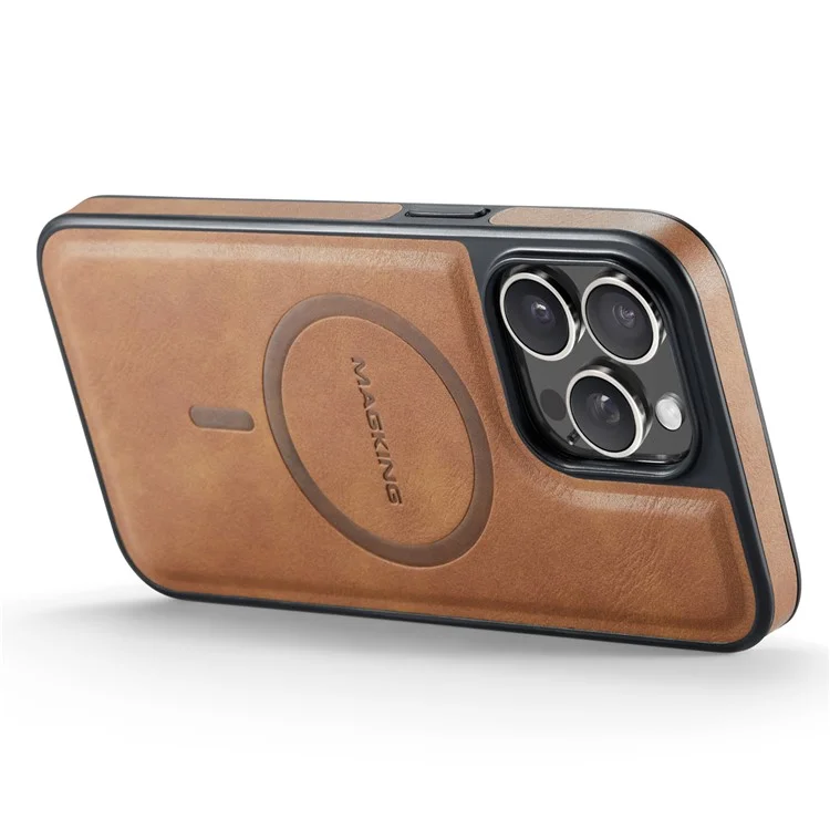 Serie Magking K1 Para Iphone 14 Pro Max Magnetic Case PC+TPU+PU Cubierta de Teléfono a Prueba de Choque de Cuero - Marrón