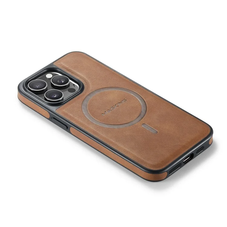 Serie Magking K1 Para Iphone 14 Pro Max Magnetic Case PC+TPU+PU Cubierta de Teléfono a Prueba de Choque de Cuero - Marrón