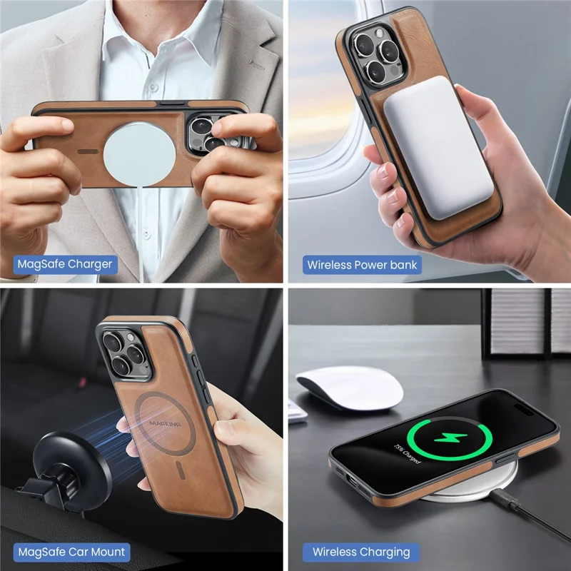 MAGKING K1 Series For iPhone 16 Pro Caso Magnético de PC+TPU+PU com Suporte para Cartão - Marrom
