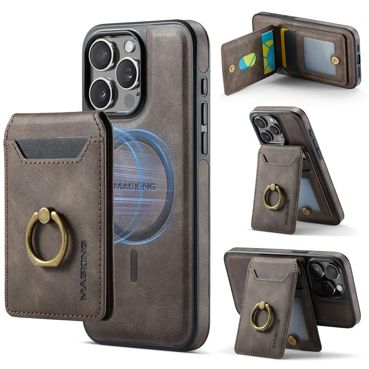 MAGKING K1 Series For iPhone 15 Pro Max Magnetic Case PC+TPU+PU Phone Cover with Card Holder Kickstand - Coffee