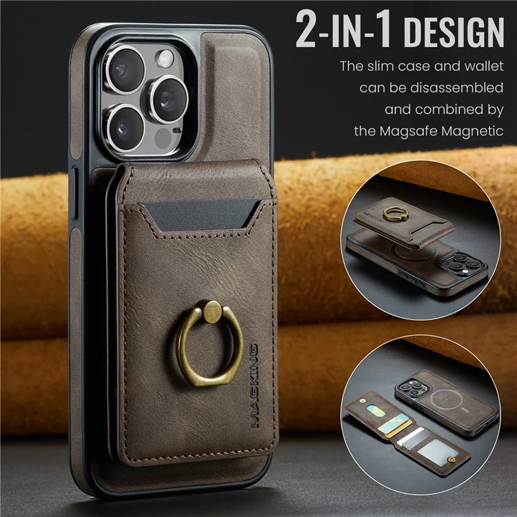 MAGKING K1 Series For iPhone 15 Pro Max Magnetic Case PC+TPU+PU Phone Cover with Card Holder Kickstand - Coffee