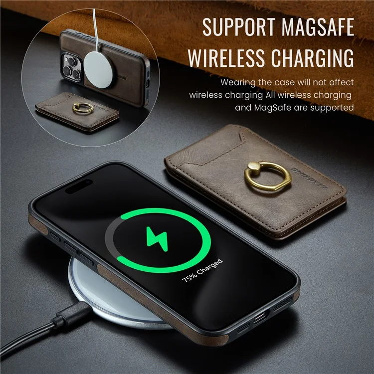 MAGKING K1 Series For iPhone 15 Pro Max Magnetic Case PC+TPU+PU Phone Cover with Card Holder Kickstand - Coffee