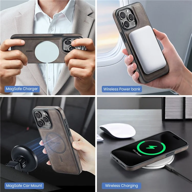 MAGKING K1 Series For iPhone 15 Pro Max Magnetic Case PC+TPU+PU Phone Cover with Card Holder Kickstand - Coffee