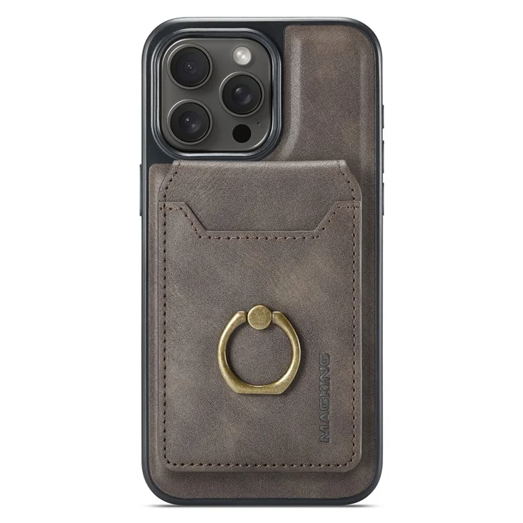 MAGKING K1 Series For iPhone 15 Pro Max Magnetic Case PC+TPU+PU Phone Cover with Card Holder Kickstand - Coffee