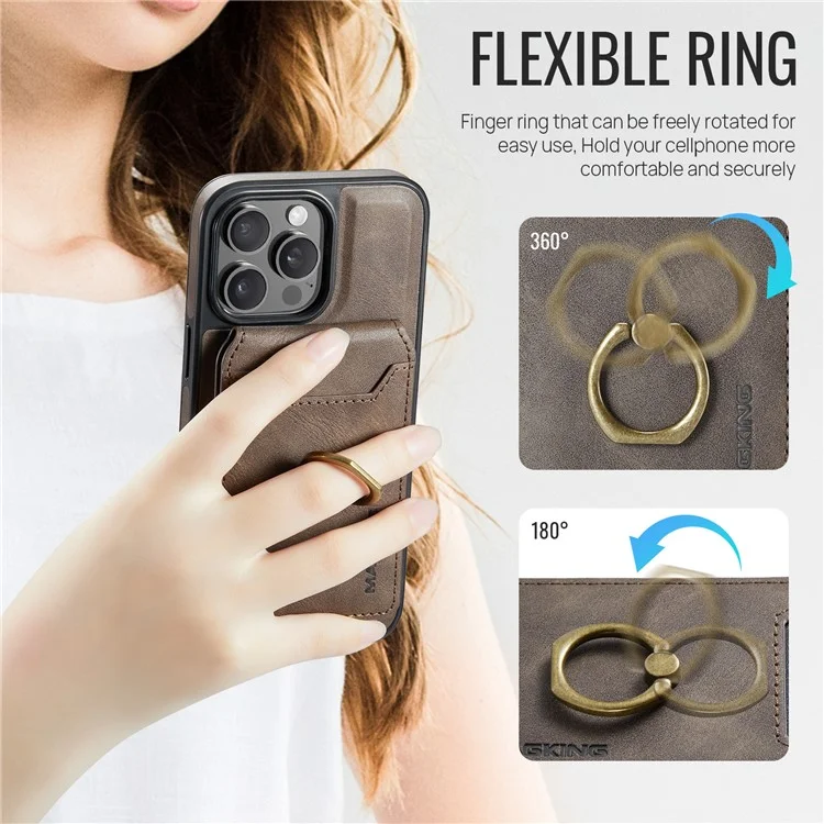 MAGKING K1 Series For iPhone 15 Pro Max Magnetic Case PC+TPU+PU Phone Cover with Card Holder Kickstand - Coffee