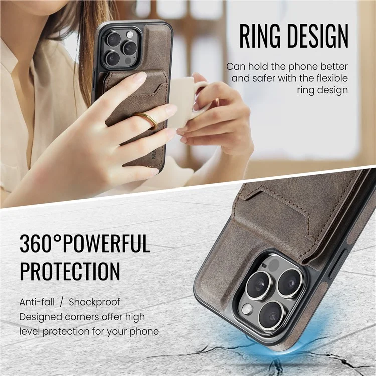 MAGKING K1 Series For iPhone 15 Pro Max Magnetic Case PC+TPU+PU Phone Cover with Card Holder Kickstand - Coffee