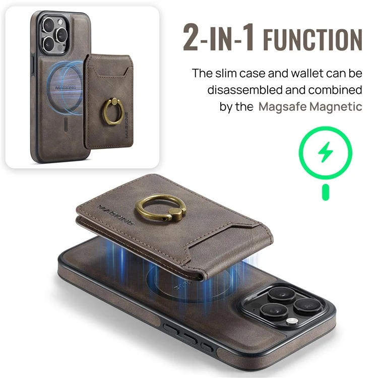 MAGKING K1 Series For iPhone 15 Pro Max Magnetic Case PC+TPU+PU Phone Cover with Card Holder Kickstand - Coffee
