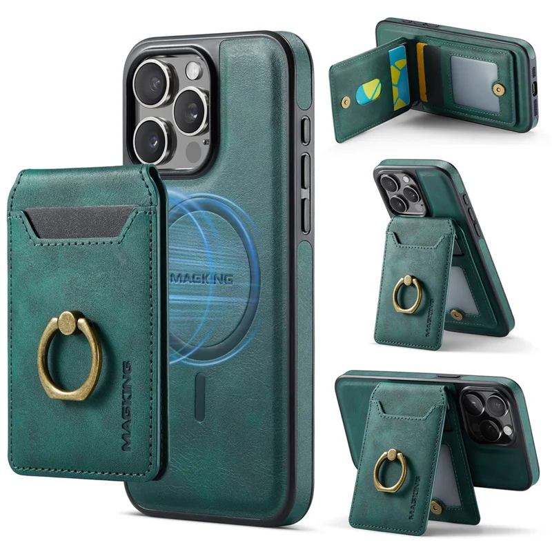 MAGKING K1 Series For iPhone 14 Pro Max Magnetic Case PC+TPU+PU Phone Cover with Card Holder Kickstand - Green